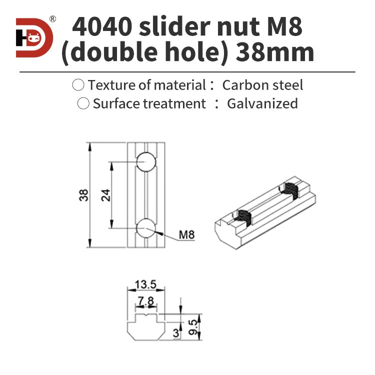 Aluminum fastening accessories 30/40 double hole 3060/4080 slider nut, rectangular boat shaped M6/M8 carbon steel material nut