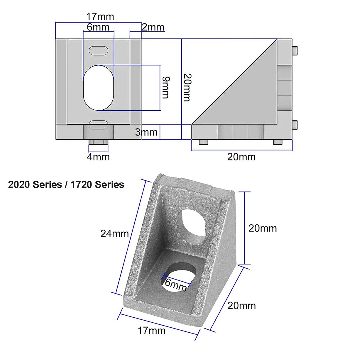 YouQi Right Angle 20 Series 2 Hole Aluminum Profile Connector 2020 1720 Extrusion Corner Bracket