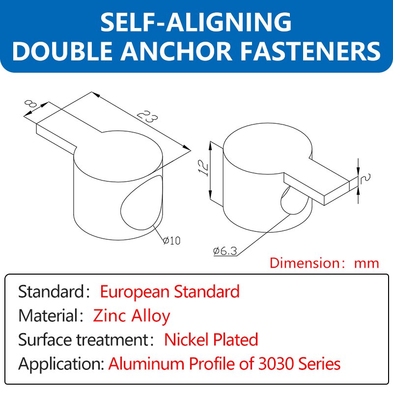 European Standard 3030 Series Self-Aligning Double Anchor Fasteners For Aluminum Profile Shelf Case Conveyer 3060 3090 6060