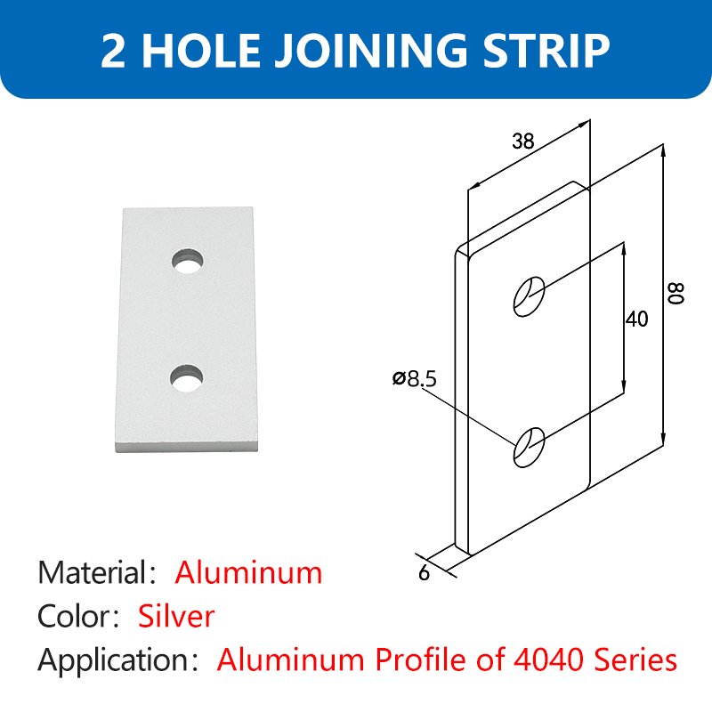 40x40 Series Silver 2 Hole Joining Strip Plate Aluminum Straight Flat Joining Plate For Extruded Aluminium Profile 40*40mm