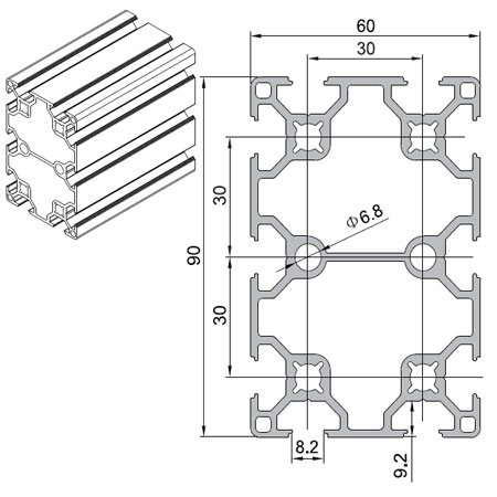 60*90 mm Aluminum Extrusion Profile European Standard Industrial Aluminium Profile