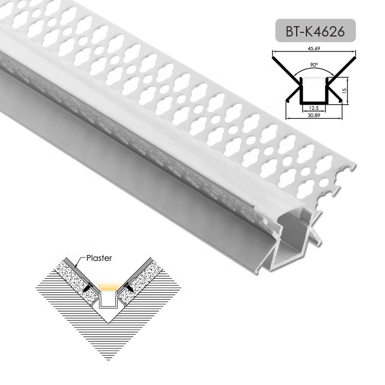 Wall/Ceiling plaster trimless 90 degree corner embedded LED drywall aluminium profile for indoor architectural lighting
