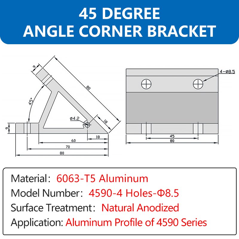 4590 Series 45 Degree Angle Corner Bracket Aluminum Profile Angle Corner Joint Connector Bracket For 45X90 Aluminum Profile
