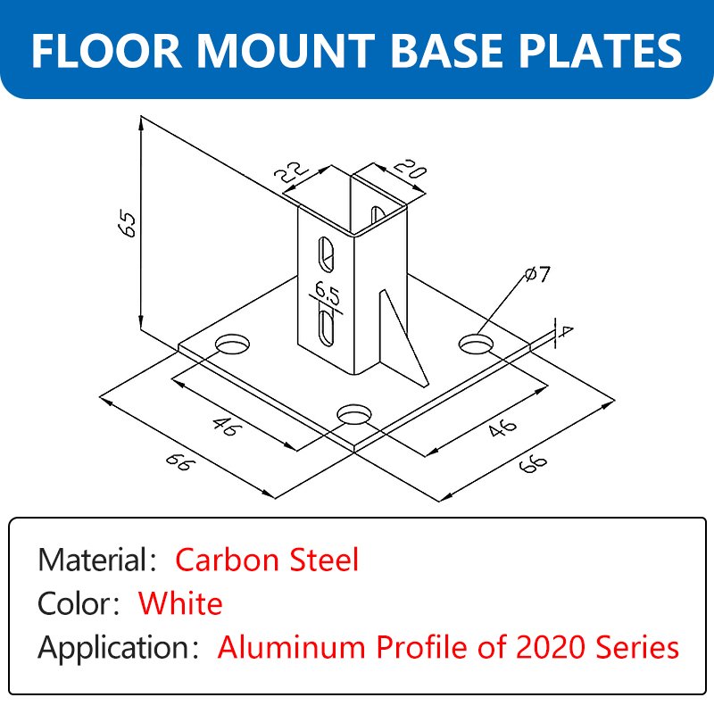 2020 Series White Carbon Steel Floor Mount Plates Anti-Seismic bracket Fixed Base For 2020 T Slot Aluminium Profile Extrusion