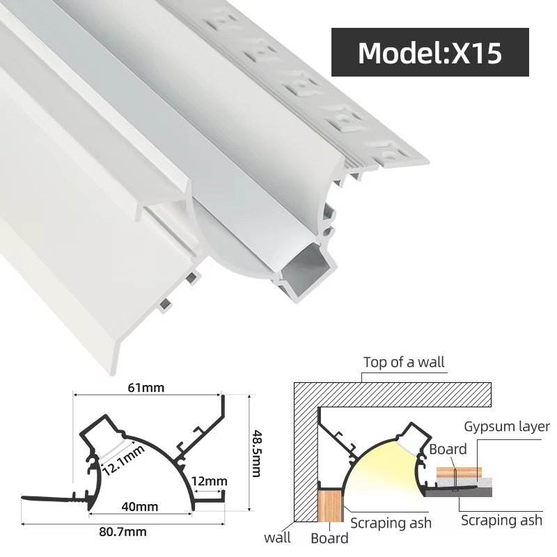 X15 LED Light Strips Aluminum Channel With PC Cover Recessed Drywall Plaster Gypsum Led Aluminum Profile