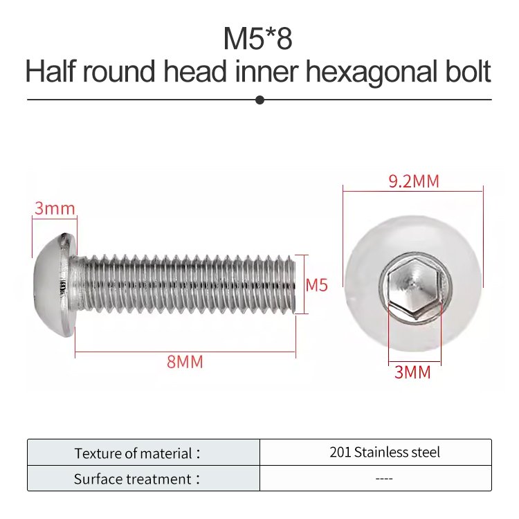 Aluminum profile fastening accessories, stainless steel half round head hexagon socket bolt M5M6M8 bolt M5-M6-M8 screw