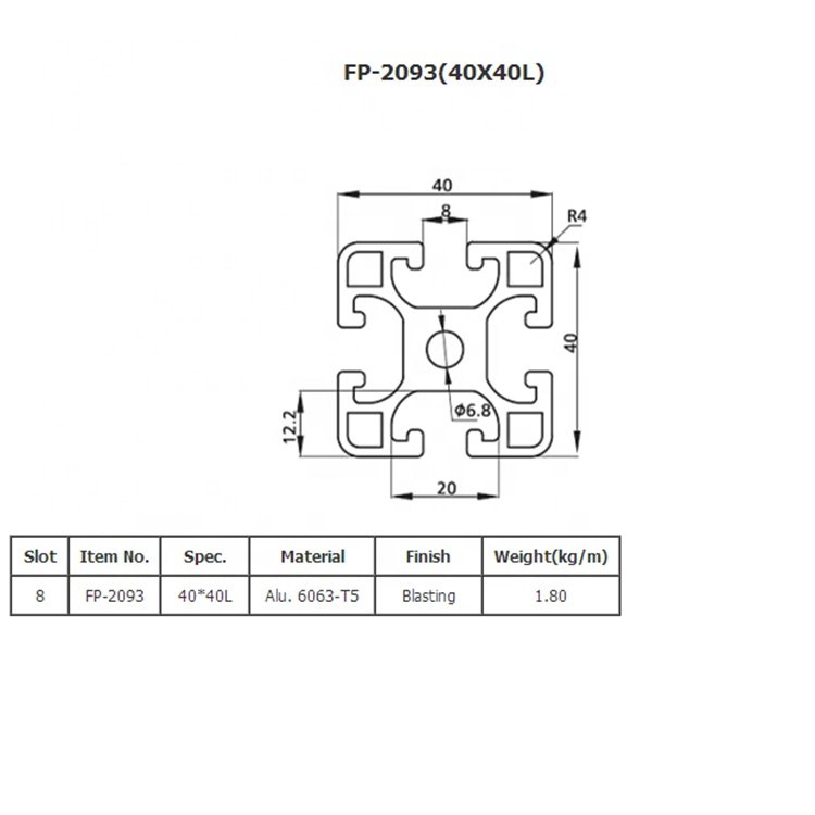 FP-2093 European standard slot 8 anodized aluminum extrusion t slot led aluminum profile