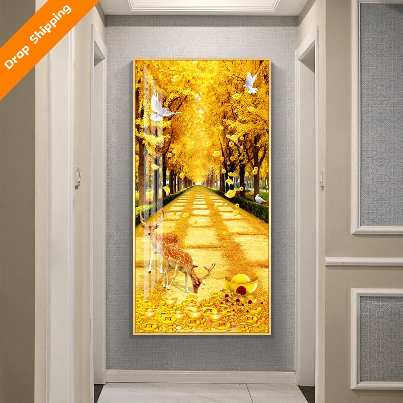 Modern porch decorative painting lucky fortune inlaid diamond crystal porcelain painting living room mural fortune tree deer
