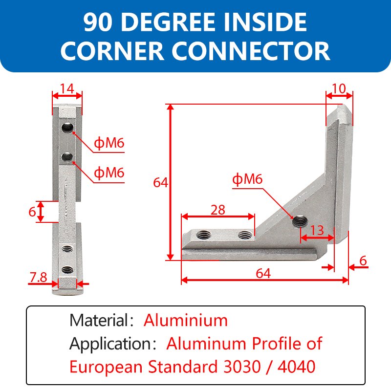 European Standard 3030/4040 Style Die-cast Aluminium 90 Degree Inside Corner Bracket Connector For T Slot Aluminium Profile
