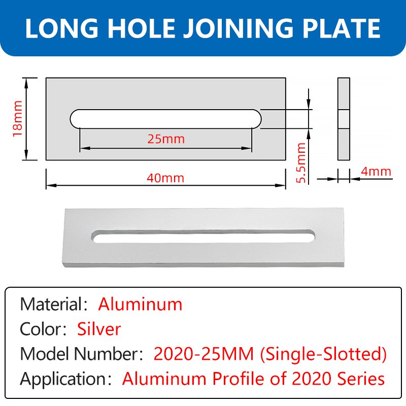 2020 Series 25mm Single-Slotted Long Hole Joining Plate For 2020 T- Slot Aluminum Profiles 20*20mm 20 30 40