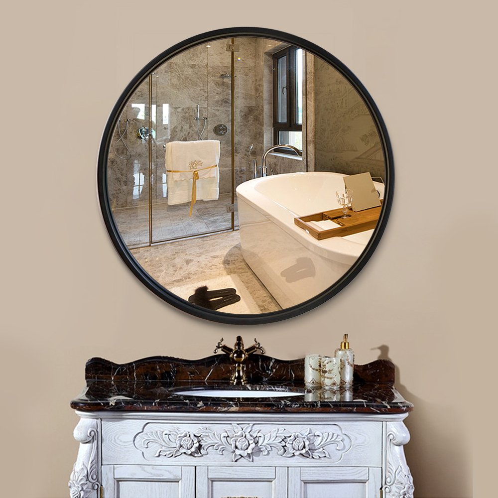 custom modern antique large big metal framed black gold round circle decorative bathroom hanging wall mirror miroir spiegel