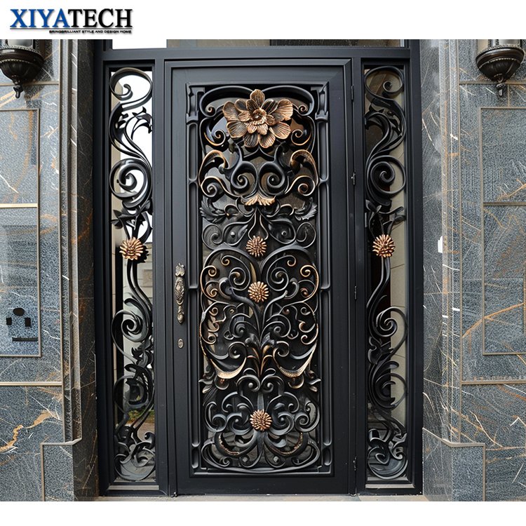 XIYATECH New safety Residential iron single door design front door Tempered Glass House iron wrought door prices