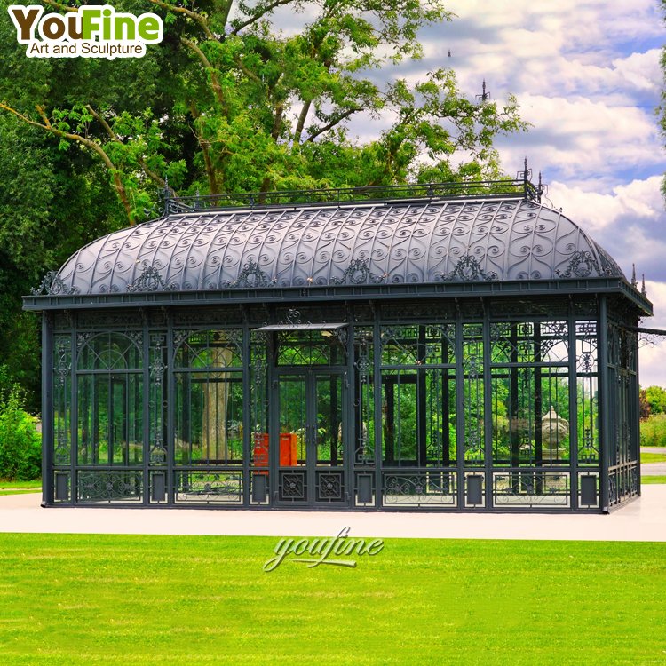 New Design Modern Outdoor Garden Large Size Wrought Iron Greenhouse with Glass