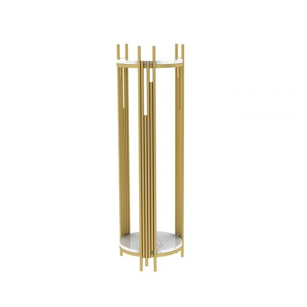 2 Tiered Tall Metal Plant Pot Stand With Marble Top And Bottom Sleek Design Create Interesting Eye Catching Visual Texture