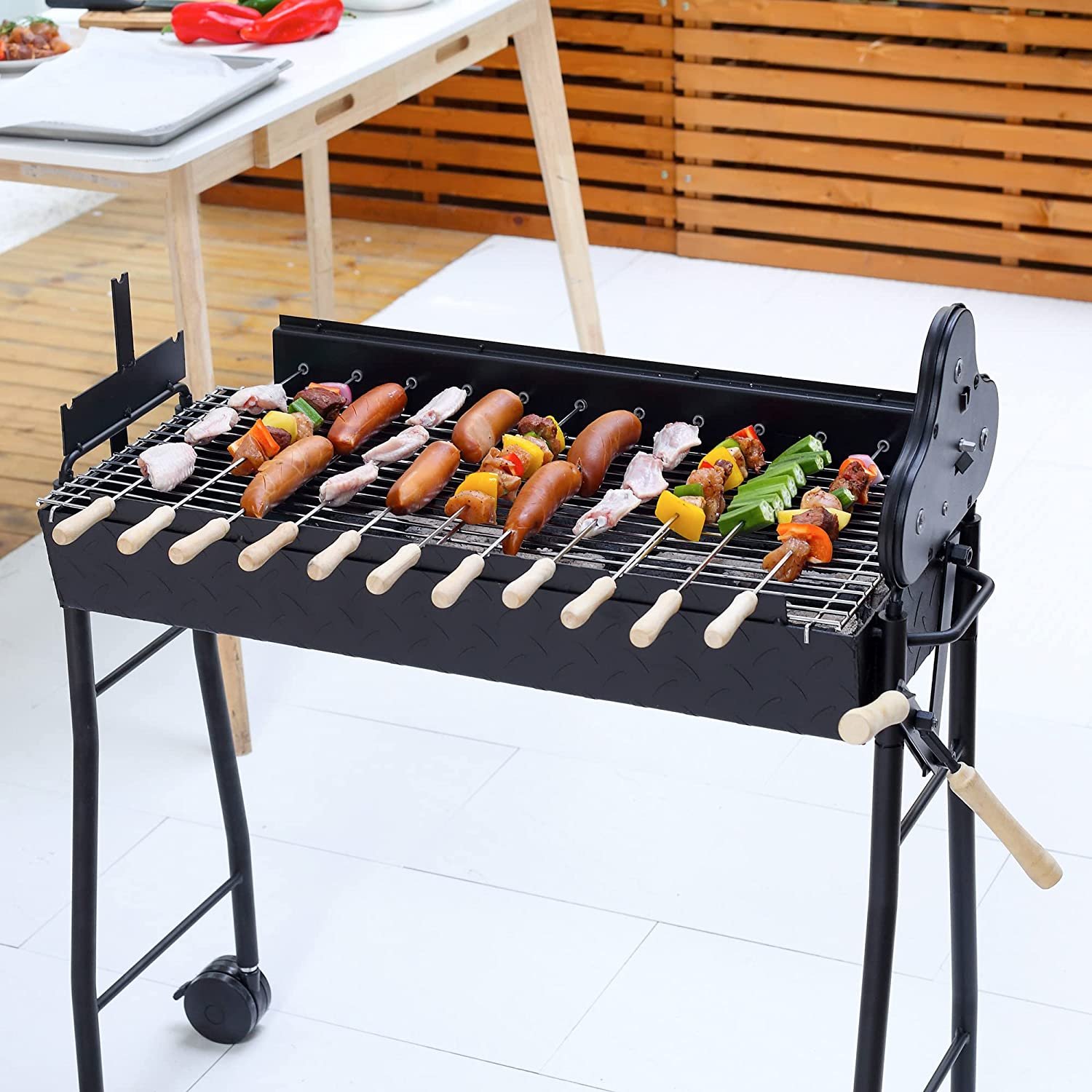Strong Steel 4 Wheels For Portability Portable Rotisserie Charcoal BBQ Grill With Large Skewers