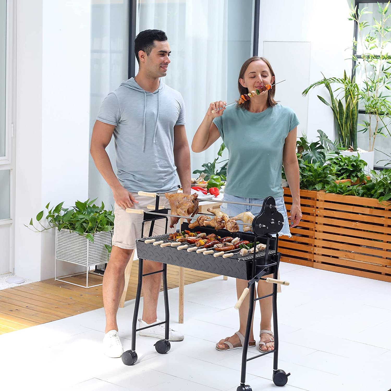 Strong Steel 4 Wheels For Portability Portable Rotisserie Charcoal BBQ Grill With Large Skewers