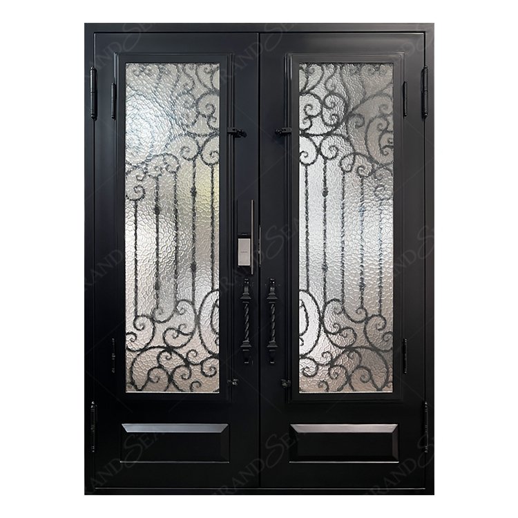 Main Entrance Customized Luxury Exterior Wrought Double Glass Iron Door