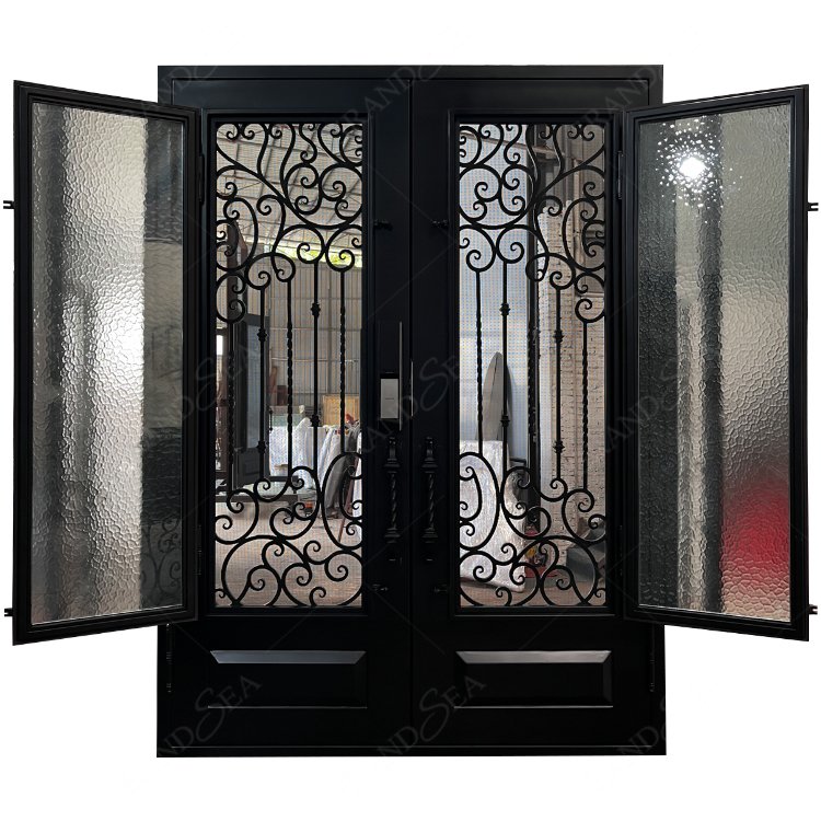 Main Entrance Customized Luxury Exterior Wrought Double Glass Iron Door