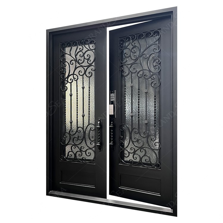 Main Entrance Customized Luxury Exterior Wrought Double Glass Iron Door
