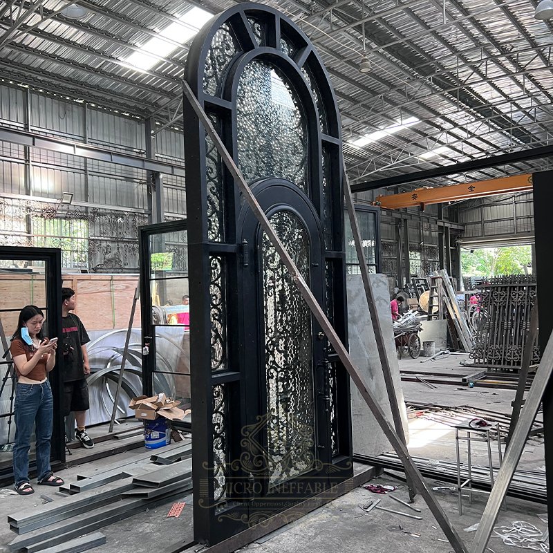 Fire Resistant Waterproof Wrought Iron Glass Entry Door Iron Exterior Door