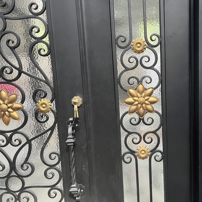 Fire Resistant Waterproof Wrought Iron Glass Entry Door Iron Exterior Door