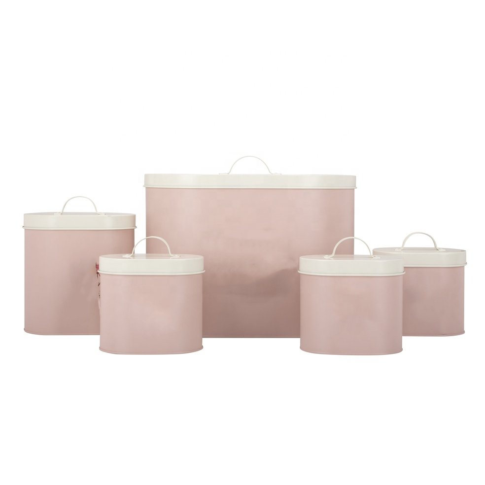 Cream Pink Colourful Oval kitchen canister metal bread box tea sugar coffee biscuit Tinplate pot set of 5