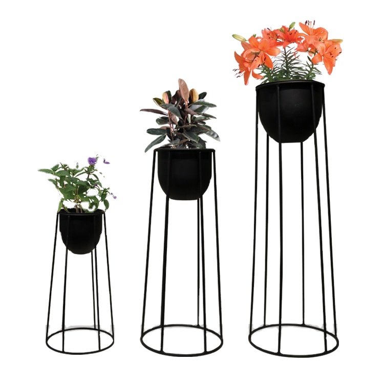 Decorative Flower Pot Black Powder Coated Finish Metal Flower Pot Set of (3)
