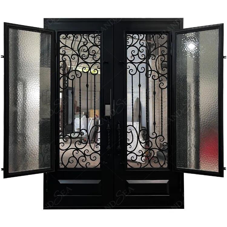 Smart Lock Custom Luxury Simple Unique Cheap Safety Interior French Mesh Net Front Villa Glass Double Grill forged Iron Door
