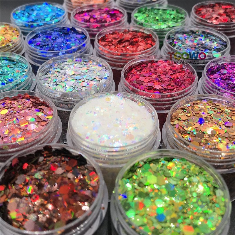 Wholesale 24 Colors Bright Colorful Polyester Hexagon Holographic Mix Chunky Body Glitter Flakes powder