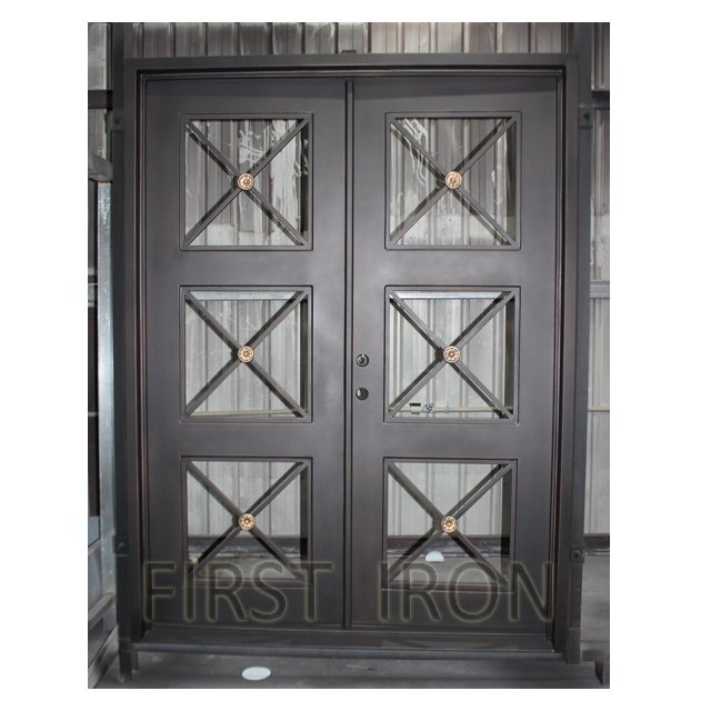 French open strong iron sheet square glass wrought iron entrance doors