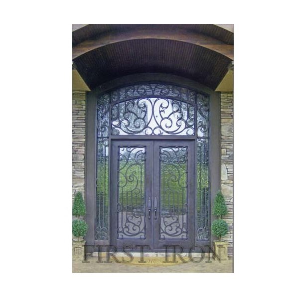 Custom arched double main entrance front entry wrought iron door