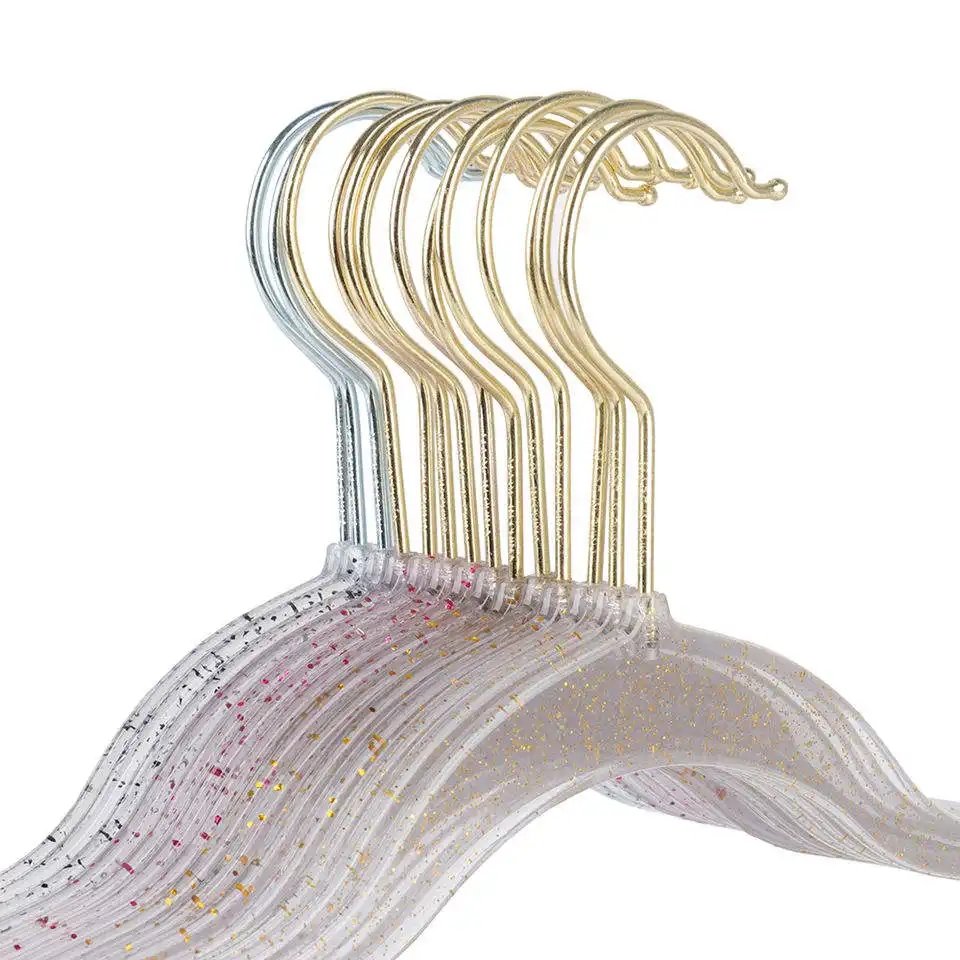 High quality plastic transparent anti slip space saving suit hanger, glittering acrylic gold powder pearl hanger