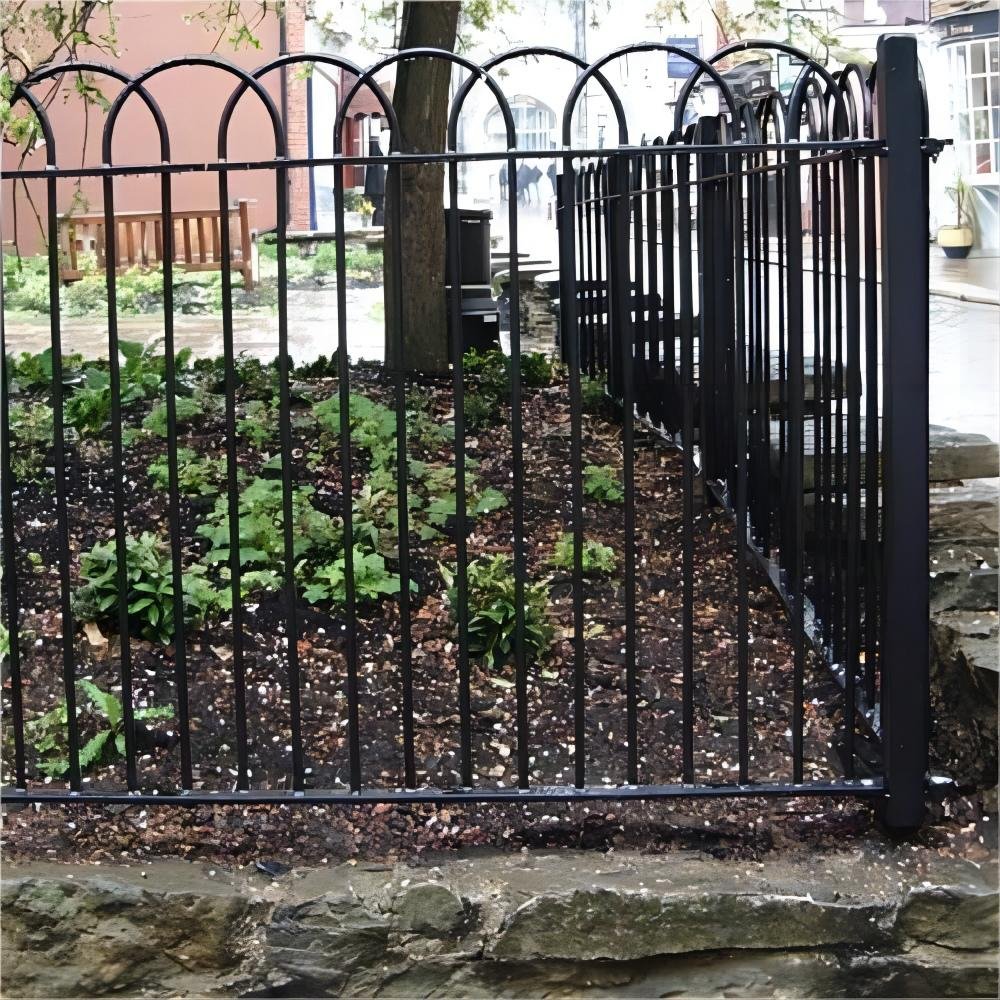 Powder coated steel fence outdoor corrugated metal fence panels black round tube steel fence panel for sale