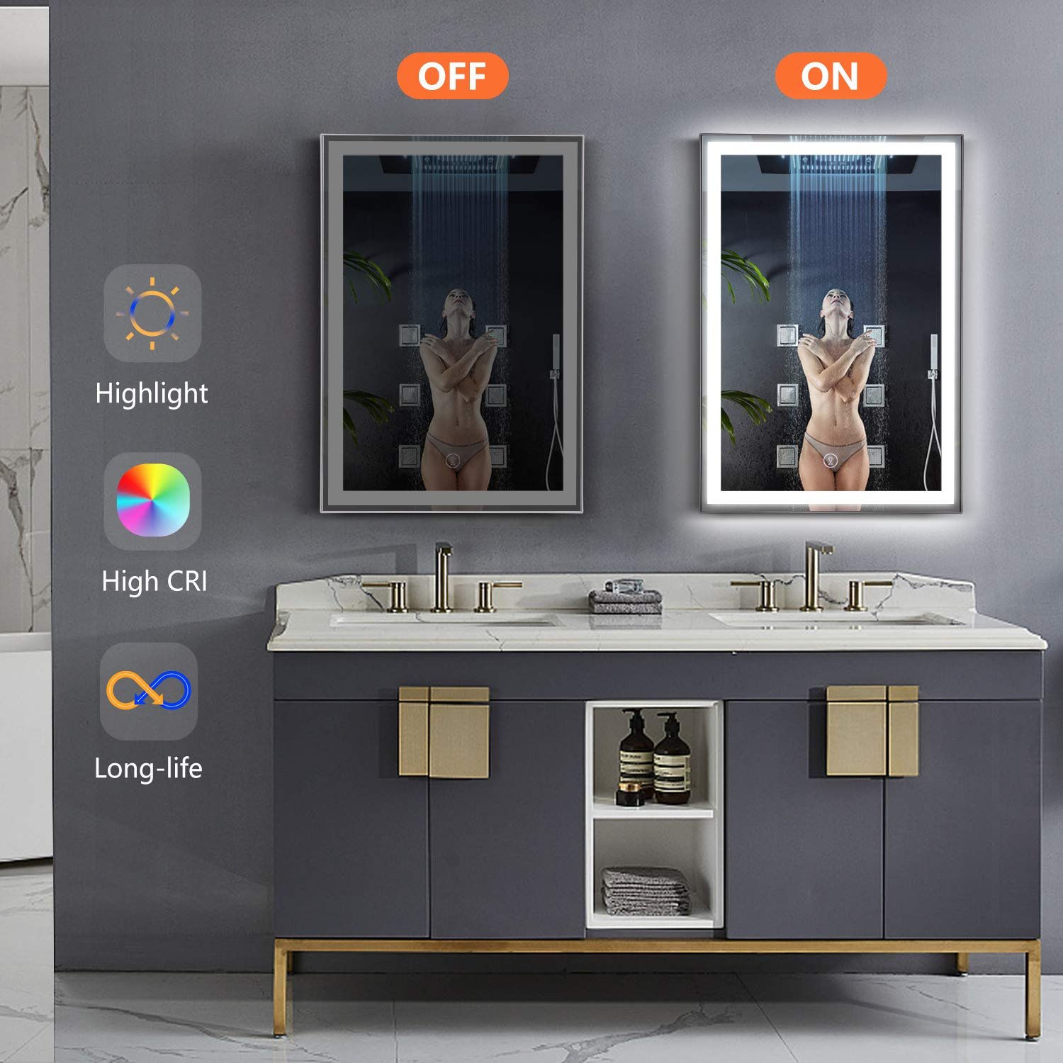 2024 Hot Modern Large Shower Mirror with Anti-Fog Water Touch Screen Backlit LED Lighting Wall Hanging Bathroom Home Decoration