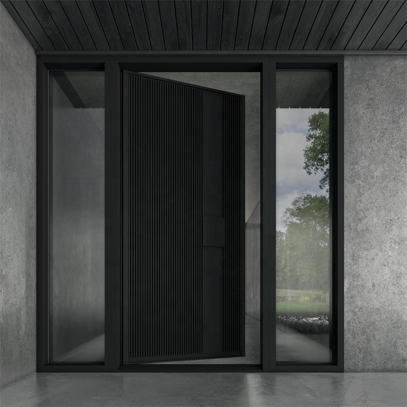 Custom Black Modern Wrought Iron Entry Door Pivot Doors Metal Exterior With Glass Front House