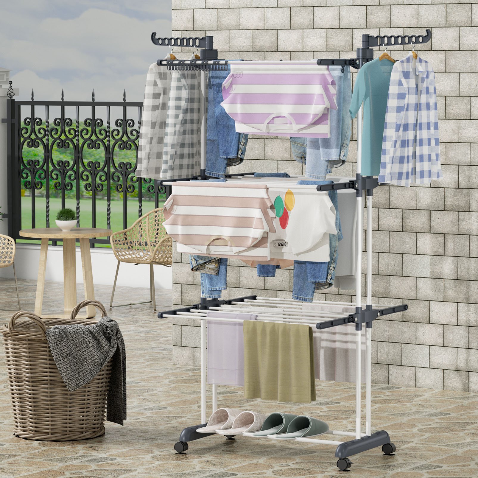 3-Tier Foldable Metal Plastic and Iron Clothes Drying Rack Indoor and Outdoor for Bathroom and Laundry Horse Style Clothes Rack
