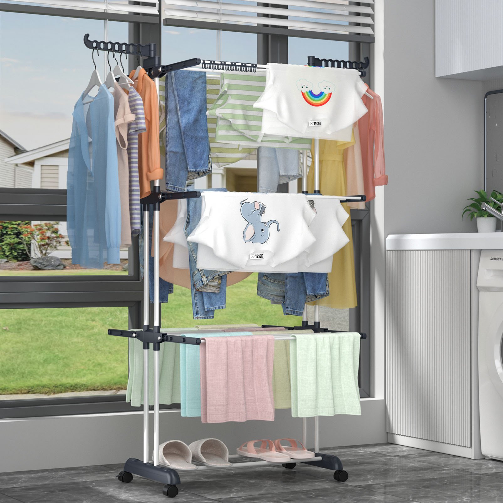 3-Tier Foldable Metal Plastic and Iron Clothes Drying Rack Indoor and Outdoor for Bathroom and Laundry Horse Style Clothes Rack
