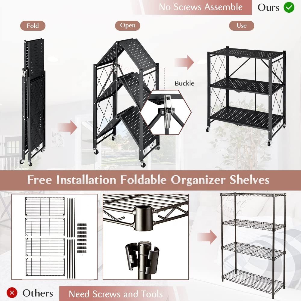 Customized Metal Easy Assembly Mobile Trolley Storage Rack Organizer Kitchen Display Rack Folding Iron Shelf With Wheels