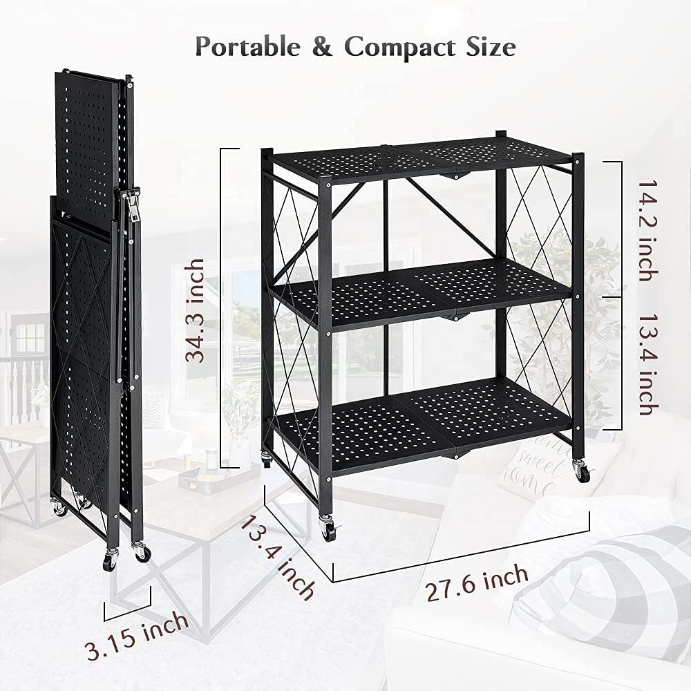 Customized Metal Easy Assembly Mobile Trolley Storage Rack Organizer Kitchen Display Rack Folding Iron Shelf With Wheels
