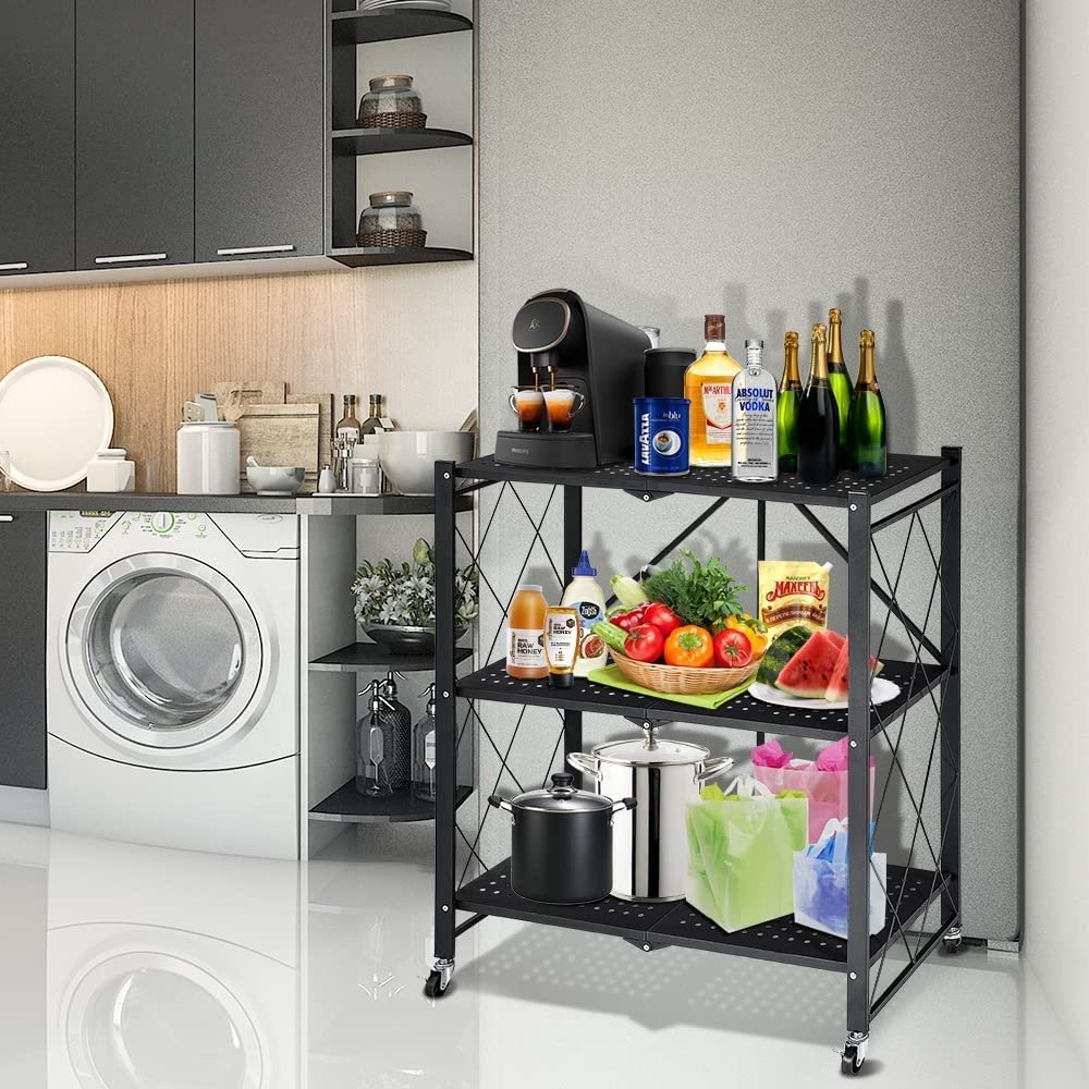 Customized Metal Easy Assembly Mobile Trolley Storage Rack Organizer Kitchen Display Rack Folding Iron Shelf With Wheels