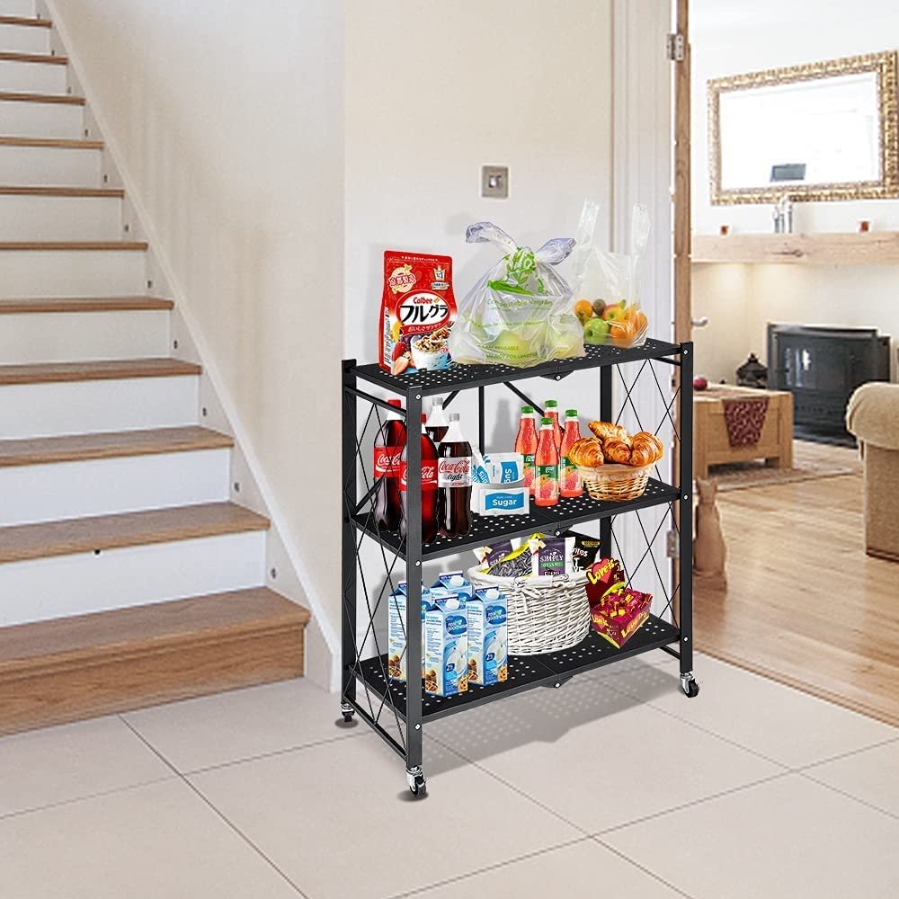 Customized Metal Easy Assembly Mobile Trolley Storage Rack Organizer Kitchen Display Rack Folding Iron Shelf With Wheels
