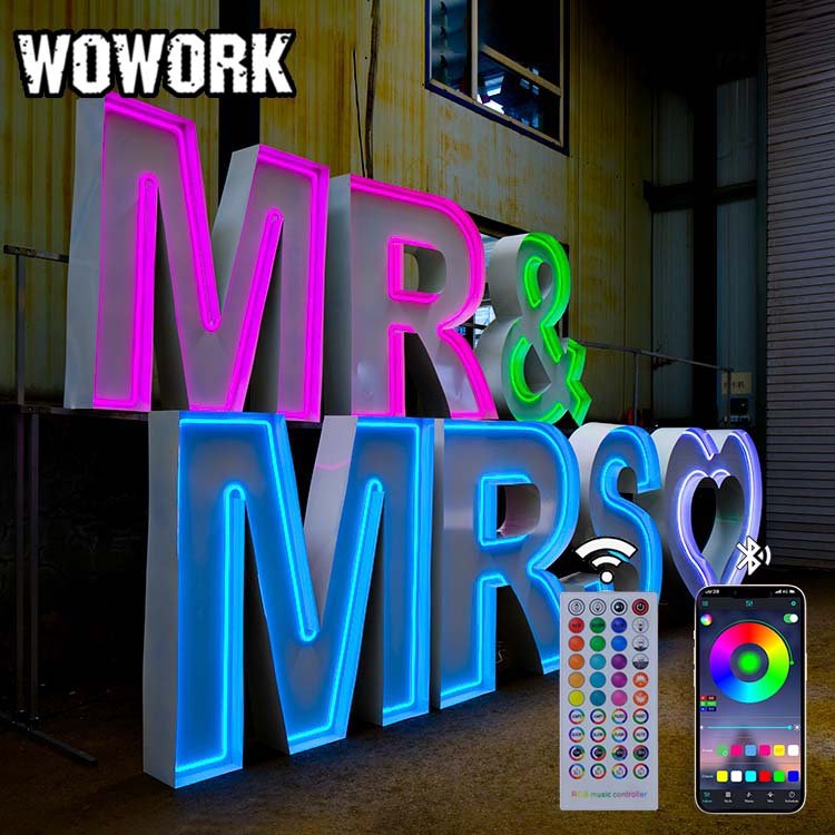 2024 WOWORK large 3D 4ft metal fold up frame waterproof large light up MR&MRS marquee letter for wedding marriage event backdrop