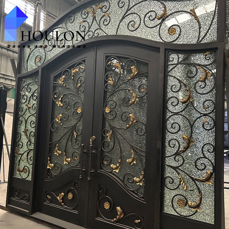 Manufacturer Price High Quality European Design Luxury Metal Frame Double Wrought Iron House Door