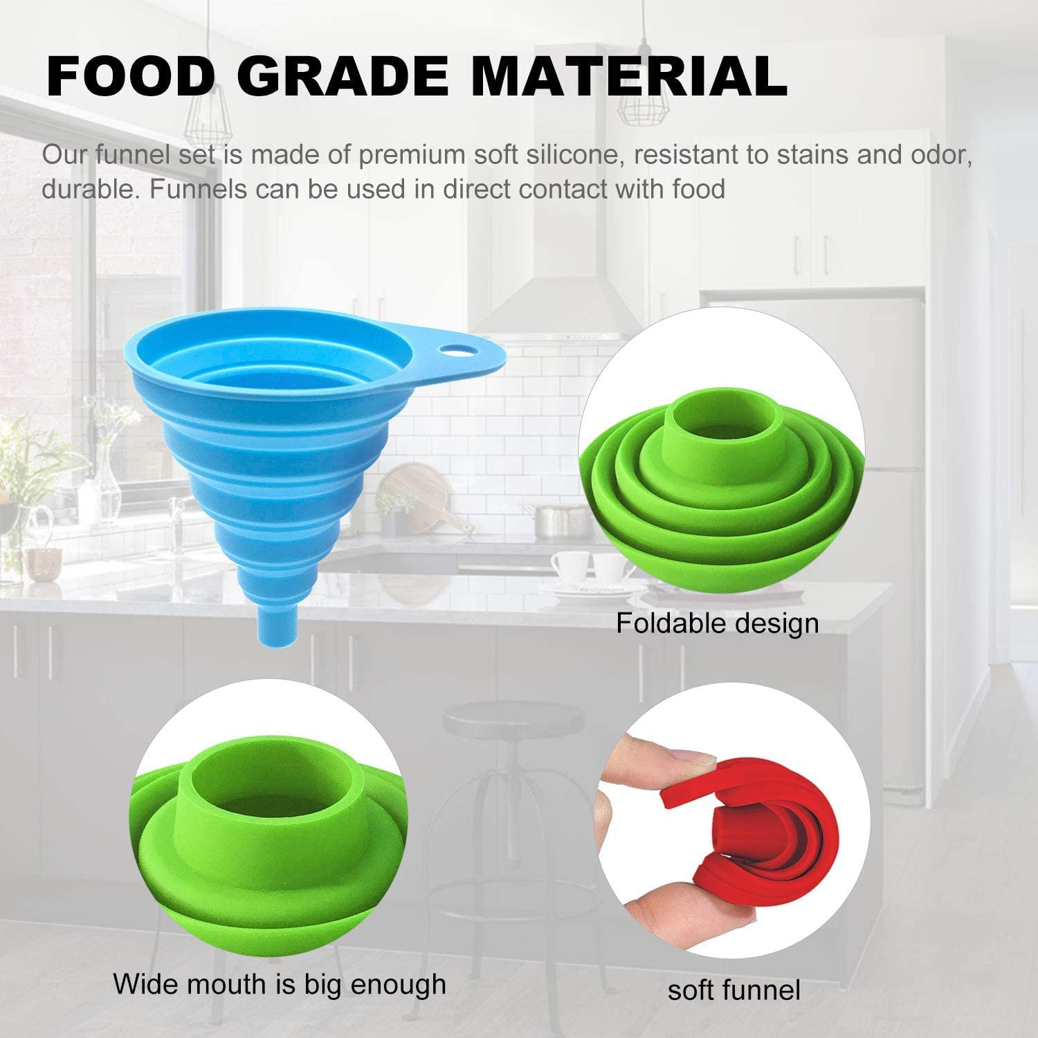 Food Grade Silicone Collapsible Funnel for Kitchen Use Funnels for Convenient Liquid Powder Transfer Utensils Type Skimmer