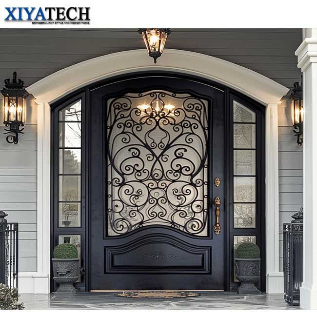 XIYATECH China supplier arched wrought iron double iron entry doors black steel doors for sale