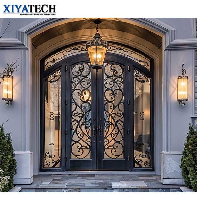 XIYATECH China supplier arched wrought iron double iron entry doors black steel doors for sale