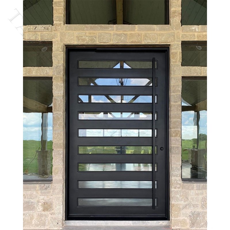 Custom Modernized Iron Doors Proof Anti-theft Explosion Modern Entry Door Striped Glass Steel Swing Exterior Pivot Door