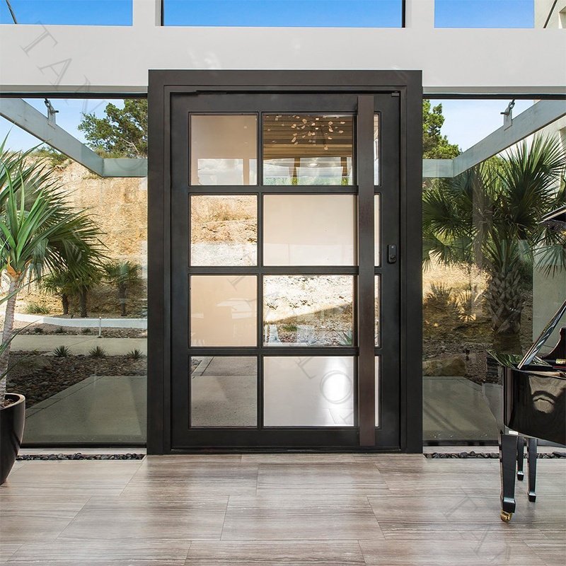 Custom Modernized Iron Doors Proof Anti-theft Explosion Modern Entry Door Striped Glass Steel Swing Exterior Pivot Door