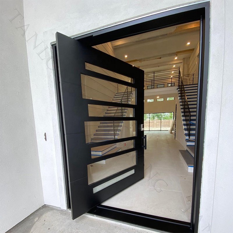 Custom Modernized Iron Doors Proof Anti-theft Explosion Modern Entry Door Striped Glass Steel Swing Exterior Pivot Door
