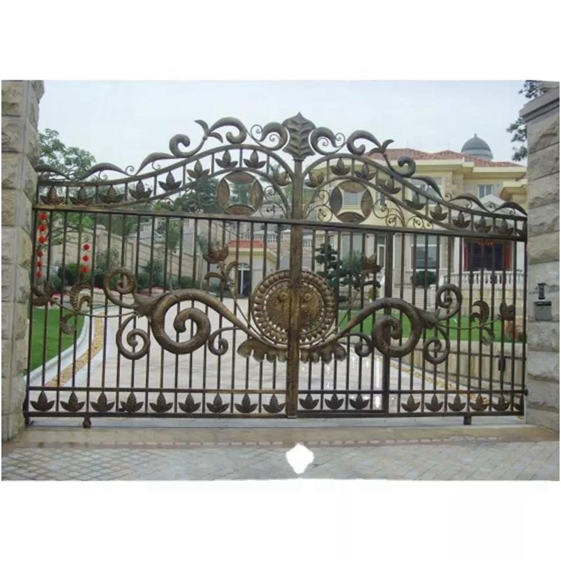 Double Door Wrought Iron Gate Galvanized Main Frame Elegant Outdoor Iron Main Gate Designs